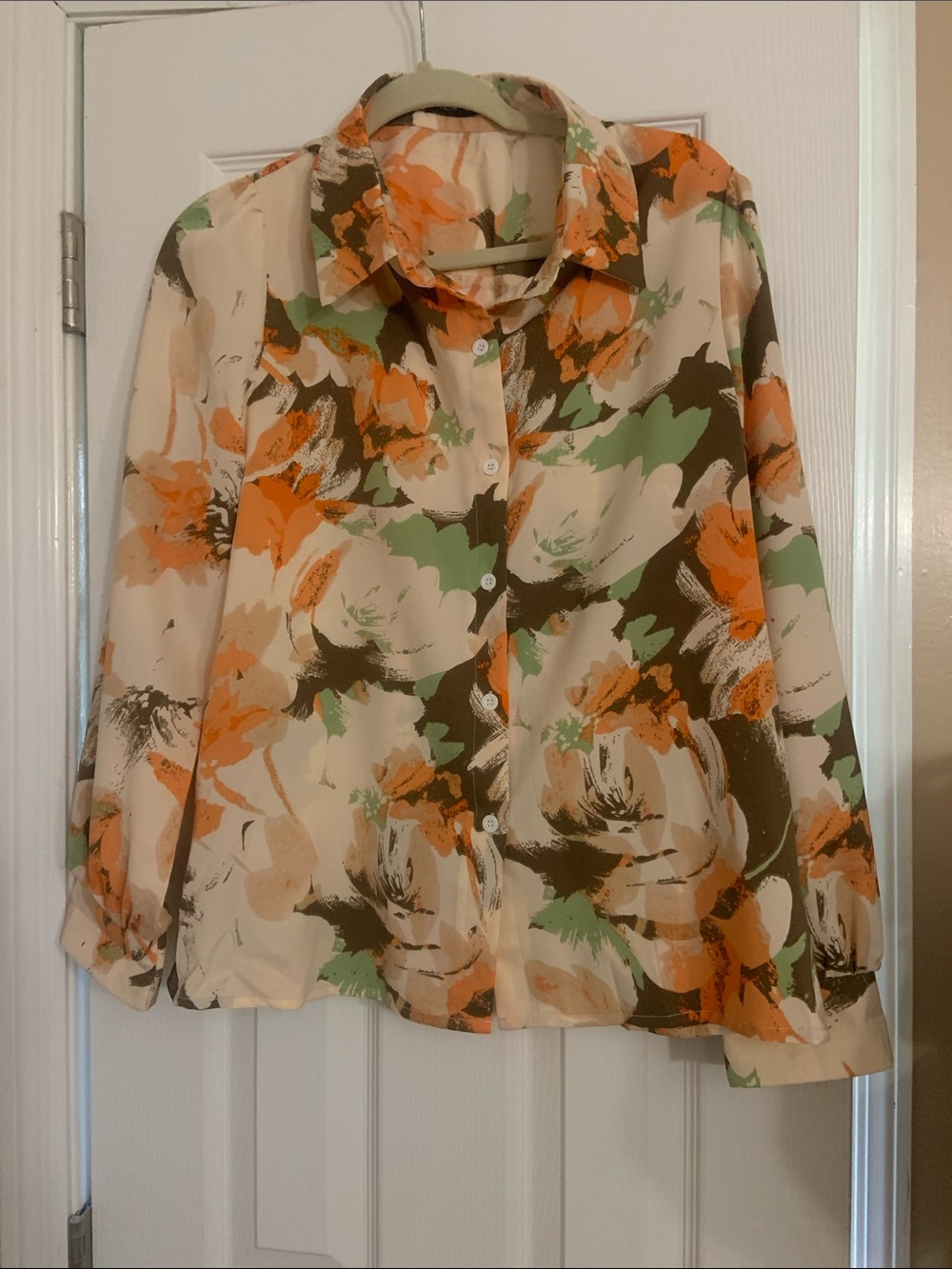 Women's Floral Button-Up Blouse - Cream & Orange